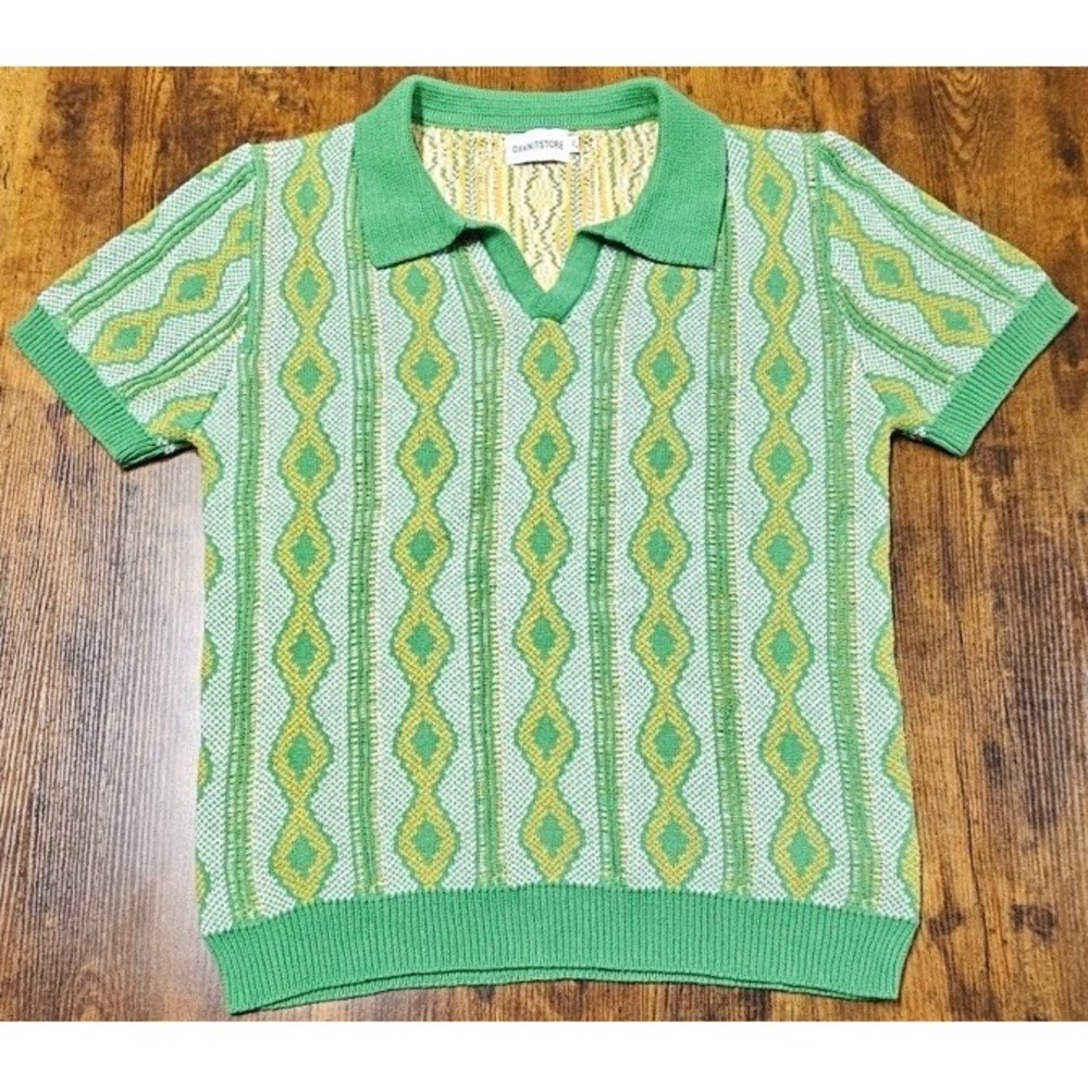 Oxknit Pullover Sweater Men's Size XL Short Sleeve Retro Green Geometric